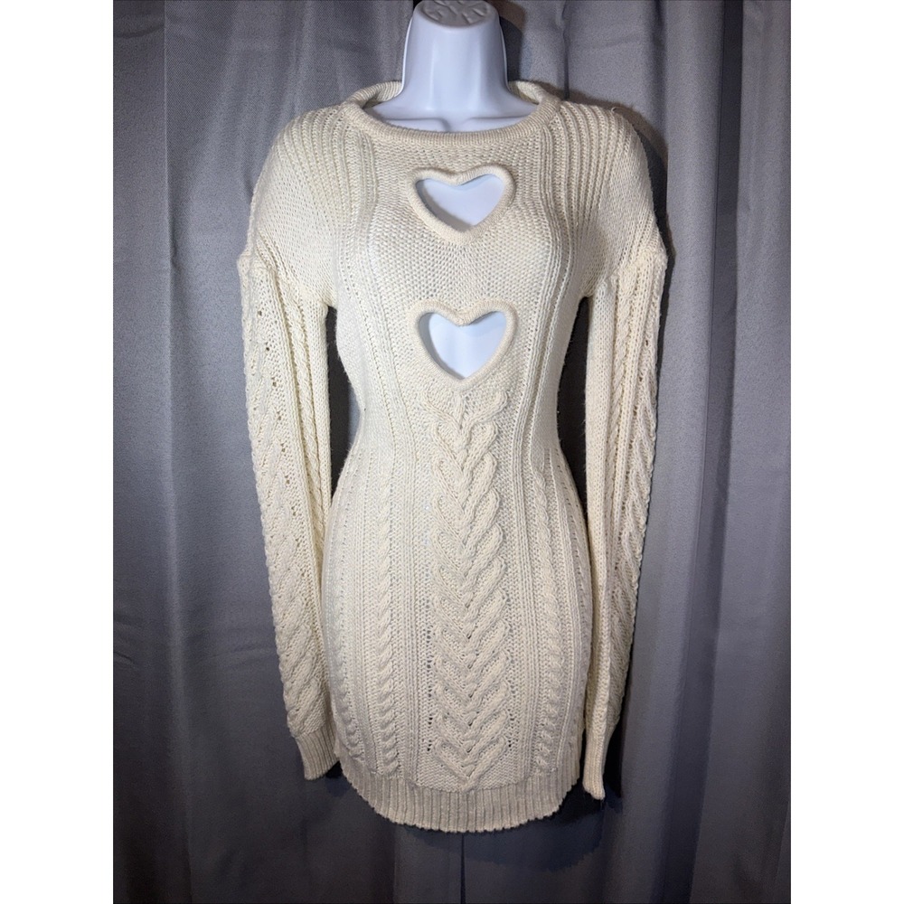 For Love & Lemons Vera Cable Knit Sweater Dress XS Cream Heart Cut Out Open Back